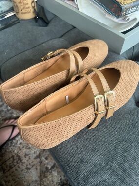 Universal Thread Double-Strap Ballet Flats in Beige with Gold Buckles